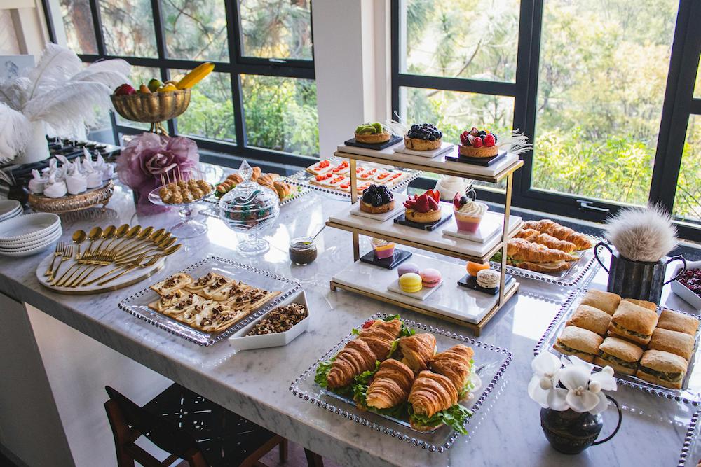 Brunch party selection of food displayed as a buffet