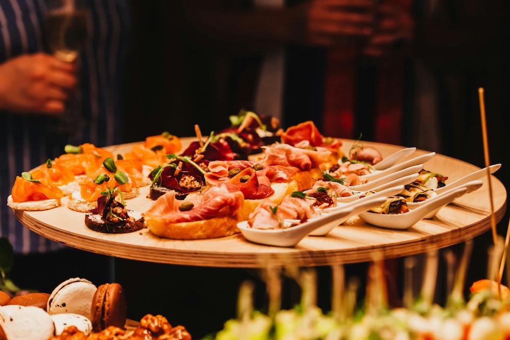 Canapè style food served at a cocktail wedding reception